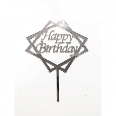 Happy Birthday Gümüş Pasta Üstü Pleksi 14cm